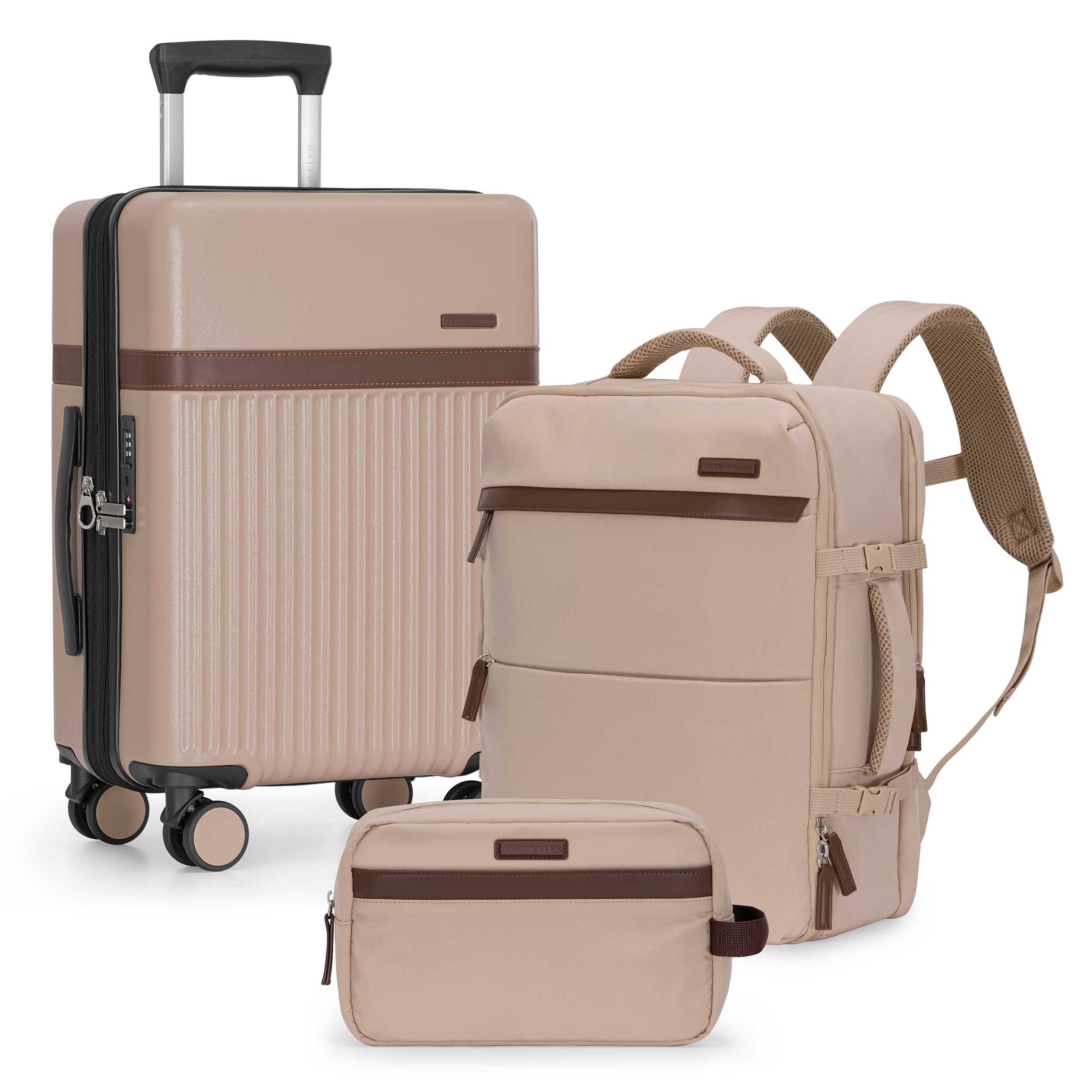beige travel backpack Vista Way 3-Piece Travel Set, 21-Inch Carry-on Hardside with TSA Lock, – Traveler Luggage