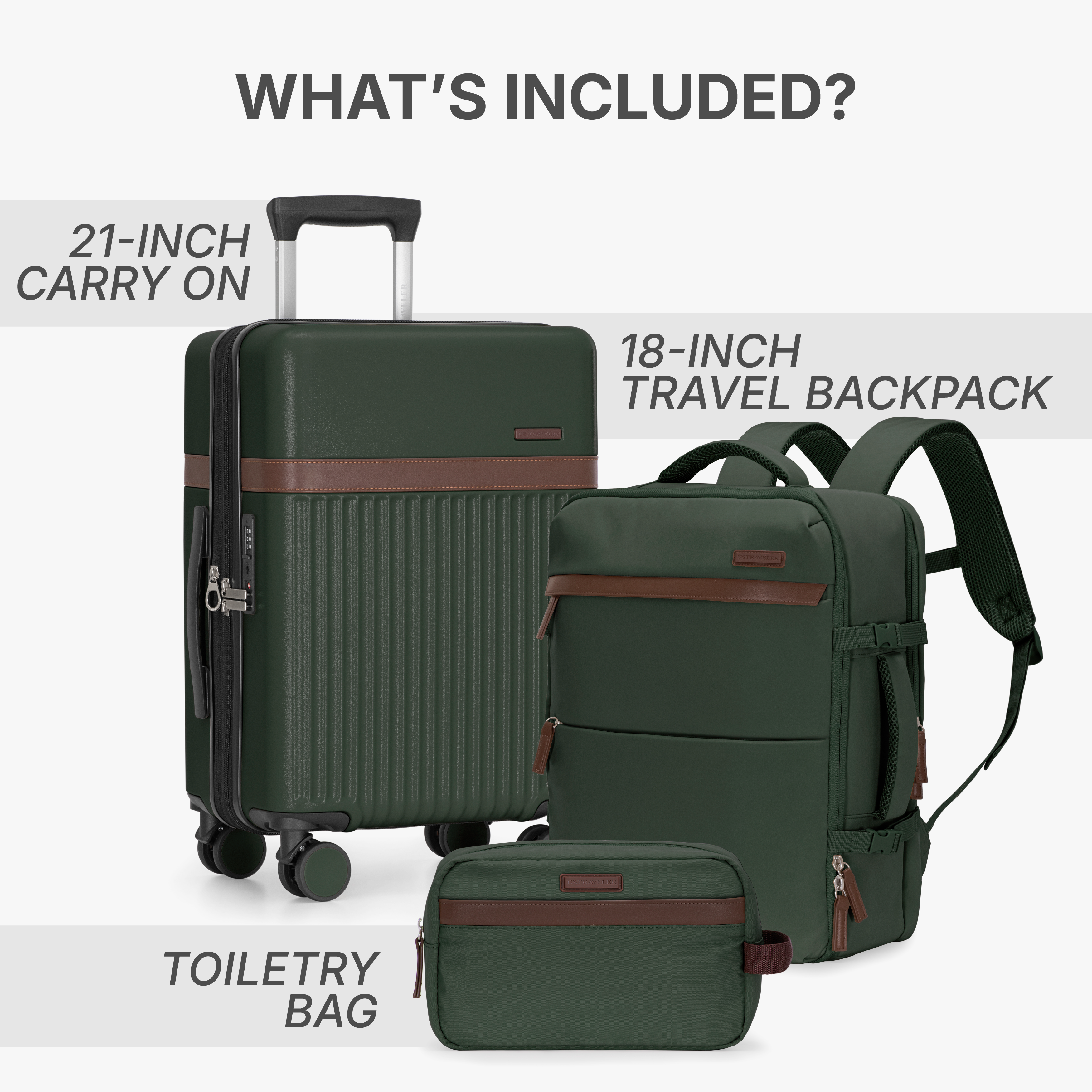 Vista Way 3-Piece Travel Set, 21-Inch Carry-on Hardside with TSA Lock, 18-Inch Travel Backpack with Laptop Sleeve, Toiletry Bag