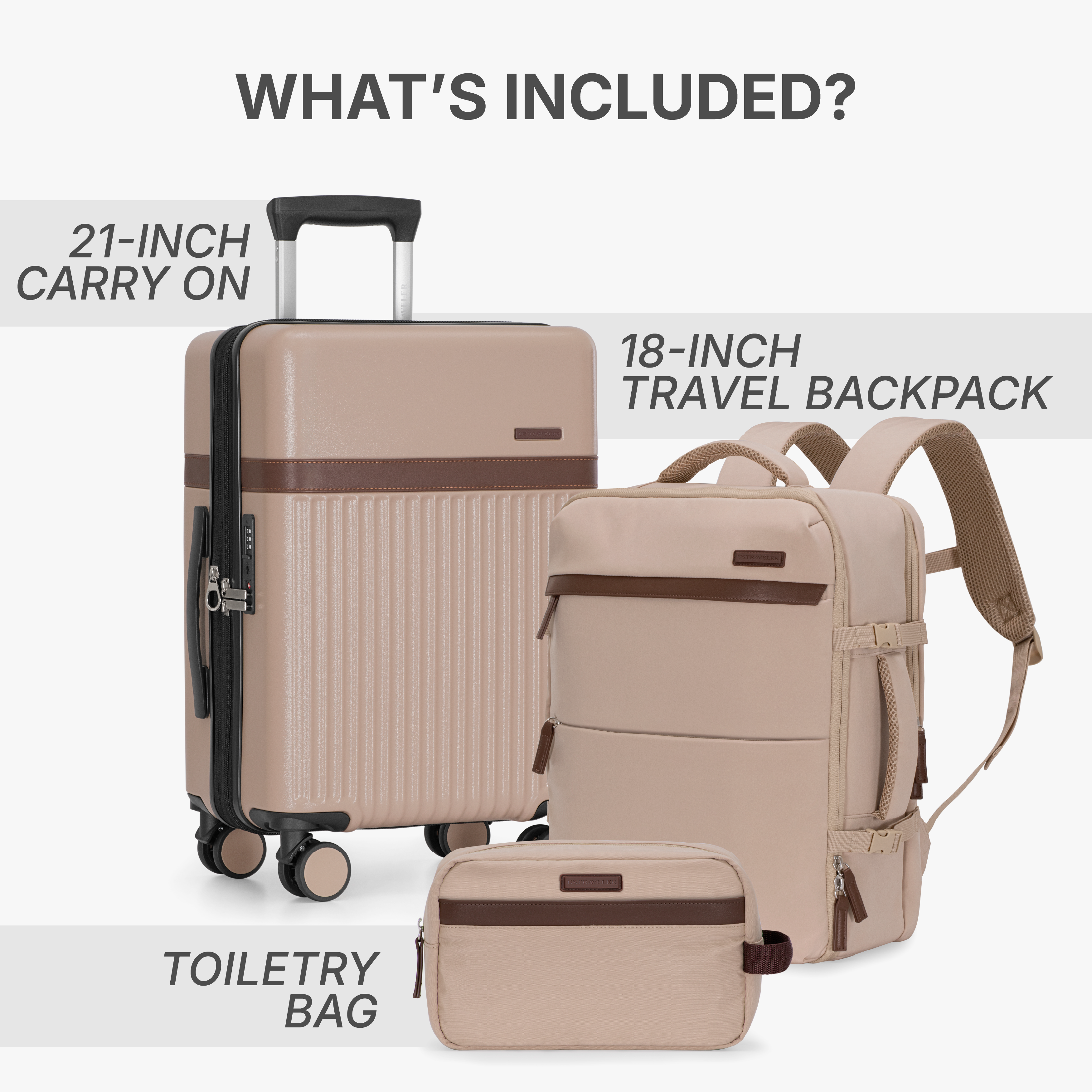 Vista Way 3-Piece Travel Set, 21-Inch Carry-on Hardside with TSA Lock, 18-Inch Travel Backpack with Laptop Sleeve, Toiletry Bag